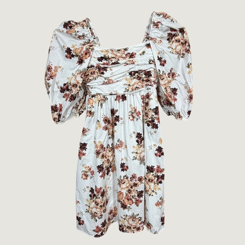 Rare Editions Floral Puff Sleeve Mini Dress White Brown Cottagecore Womens 16